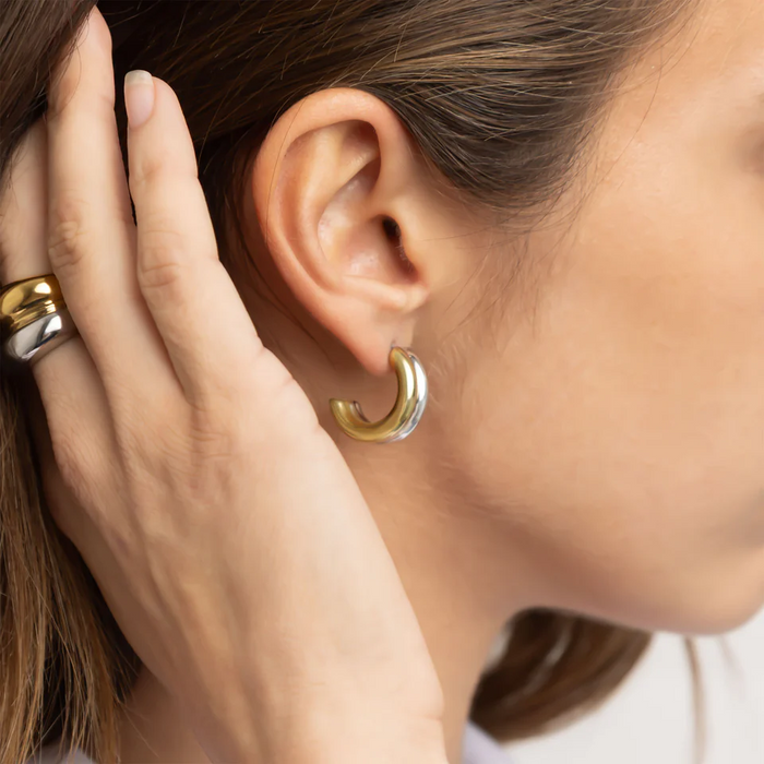 18K Gold PVD Stainless Steel Mixed Metal Side By Side Huggie Earrings