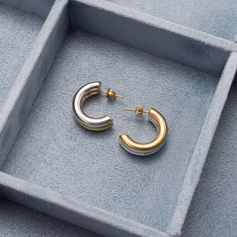 18K Gold PVD Stainless Steel Mixed Metal Side By Side Huggie Earrings
