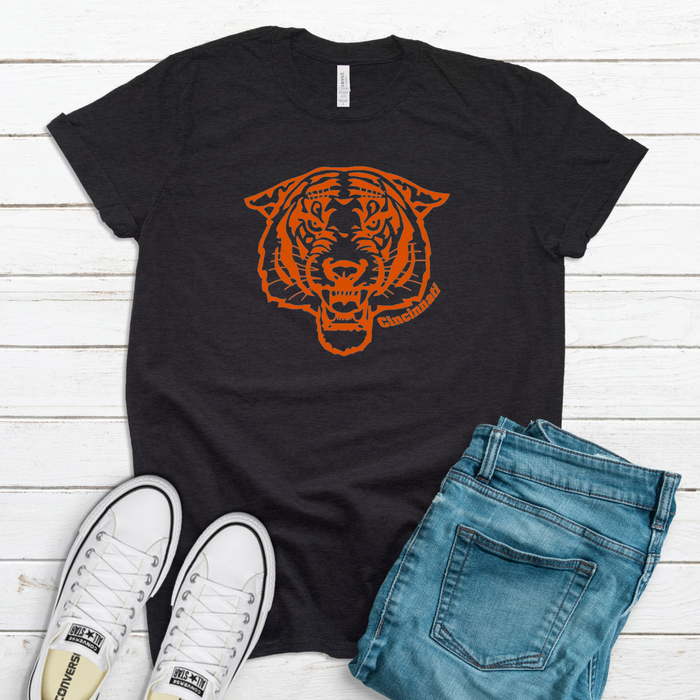 Fierce Cincinnati Tiger Face T-Shirt on Heather Black-Graphic Tee-Lemons and Limes Boutique