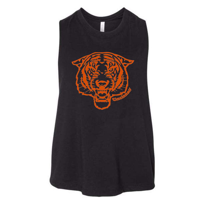 Cincinnati Fierce Tiger Cropped Muscle Tank on Black--Lemons and Limes Boutique