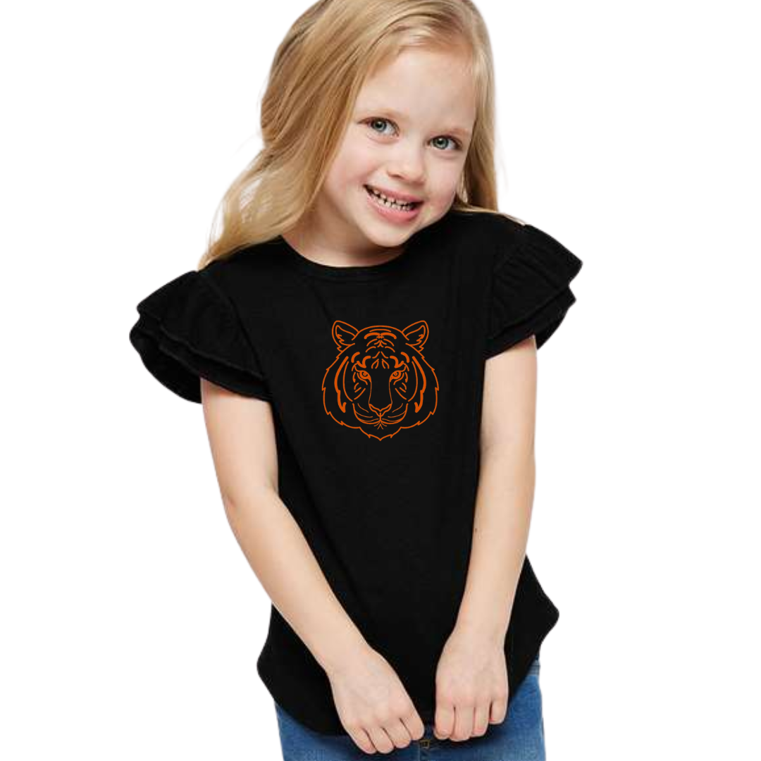 Tiger Face Flutter Sleeve T-Shirt on Black-TODDLER-Graphic Tees-Lemons and Limes Boutique