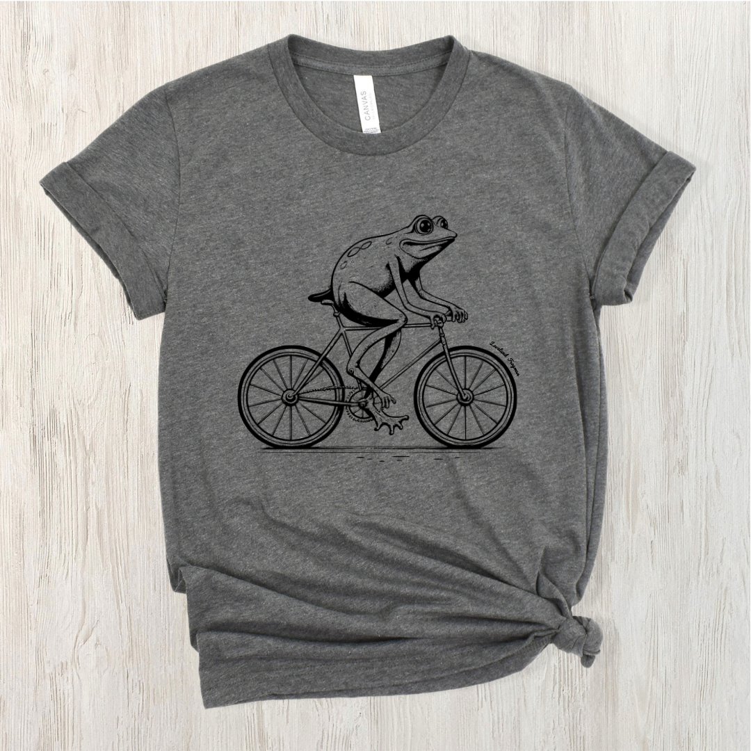 Loveland Frogman on Bike T-Shirt on Deep Heather Gray--Lemons and Limes Boutique