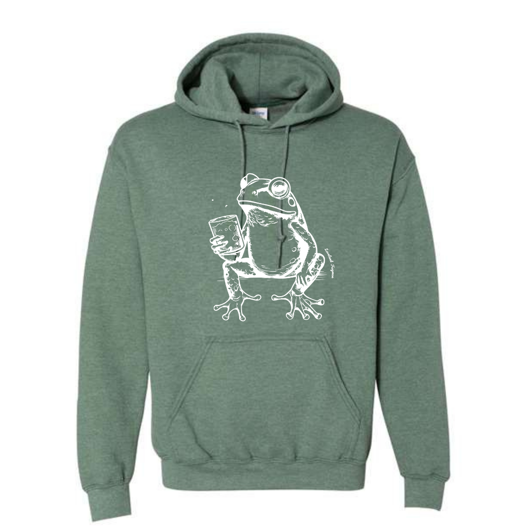 Frogman with Drink Hoodie on Heather Dark Green - Unisex-Lemons and Limes Boutique