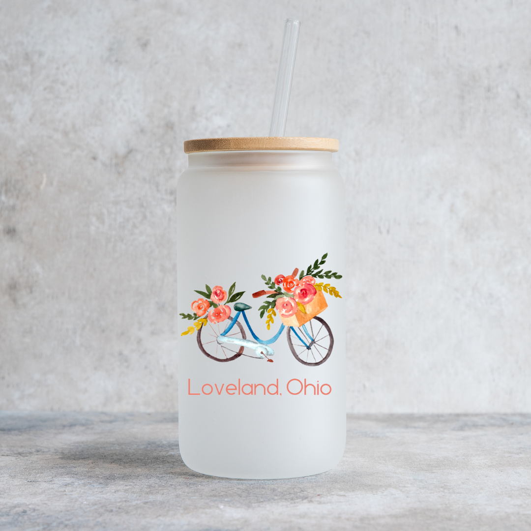 Loveland Bike Glass Tumbler with Wooden Lid and Glass Straw-Lemons and Limes Boutique