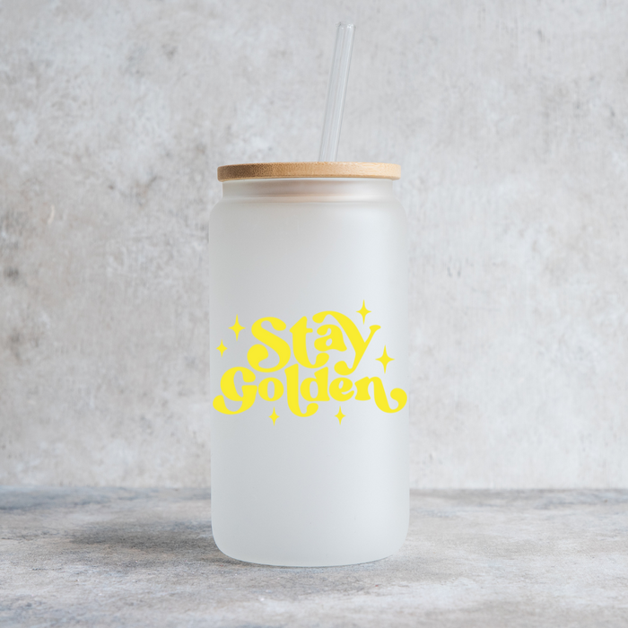 Stay Golden Glass Tumbler with Wooden Lid and Glass Straw-Lemons and Limes Boutique