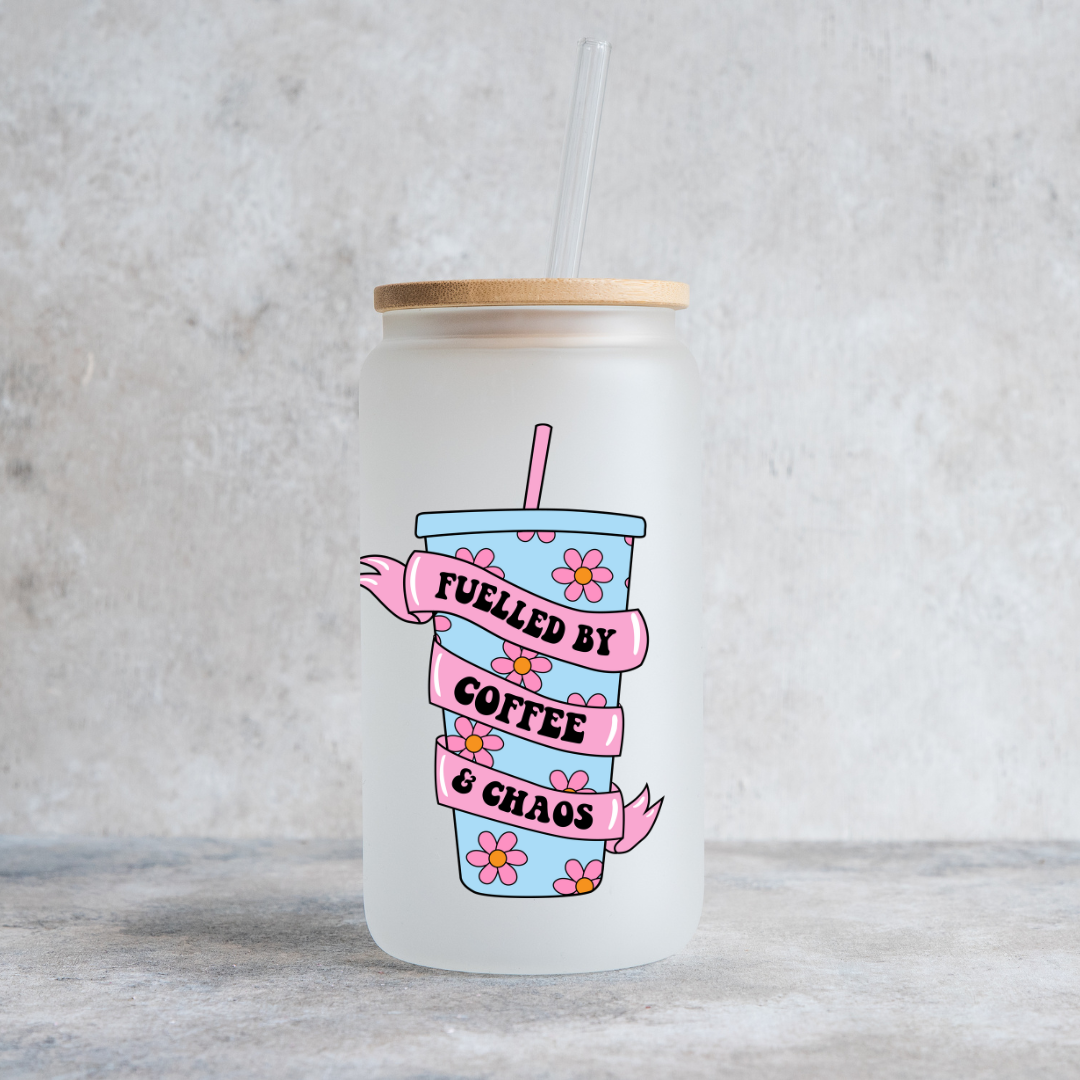 Coffee and Chaos Glass Tumbler with Wooden Lid and Glass Straw-Lemons and Limes Boutique