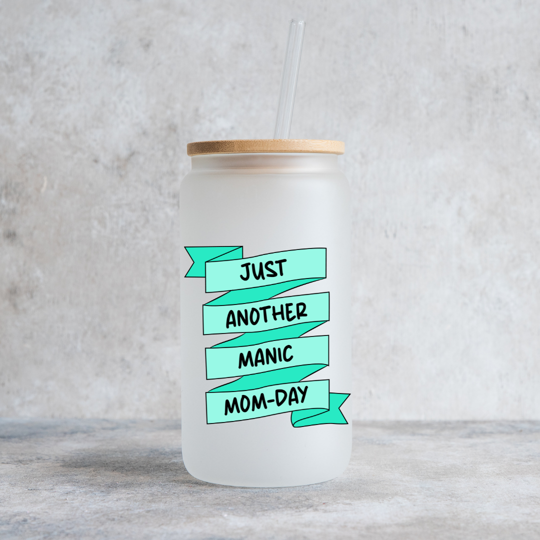 Manic Mom-Day Glass Tumbler with Wooden Lid and Glass Straw-Lemons and Limes Boutique