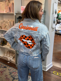 Cincinnati Orange and Black Checkered Lips Denim Jacket