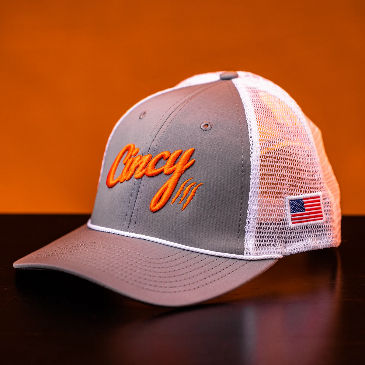 Mesh Back Hat in Grey with Orange Cincy Logo and White Rope by The Cincy Hat-Lemons and Limes Boutique