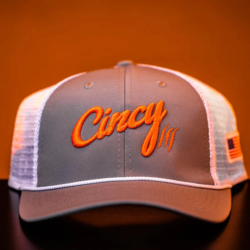 Mesh Back Hat in Grey with Orange Cincy Logo and White Rope by The Cincy Hat-Lemons and Limes Boutique