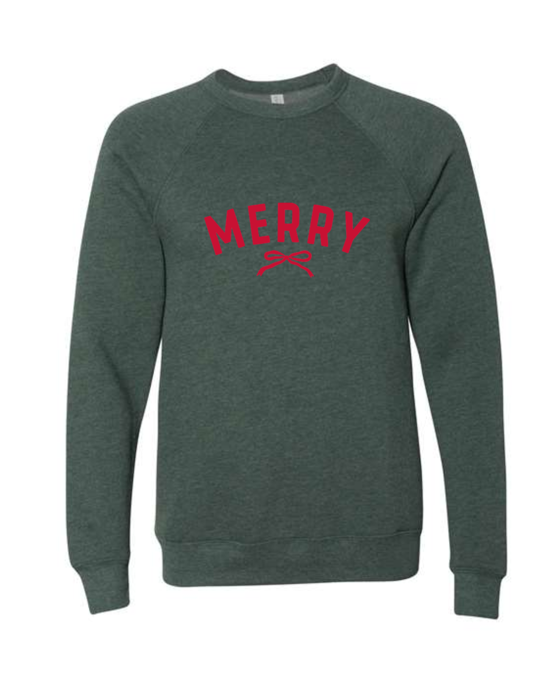 Merry Bow on Heather Forest Green Sponge Fleece Crewneck-Lemons and Limes Boutique