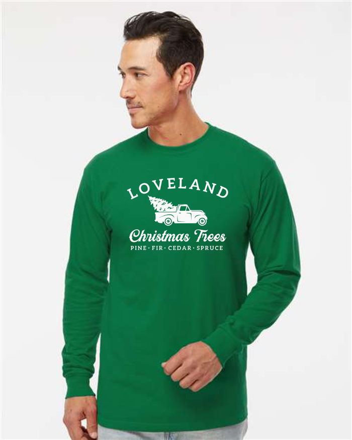 Loveland Christmas Trees Long Sleeve T-Shirt on Green-Lemons and Limes Boutique