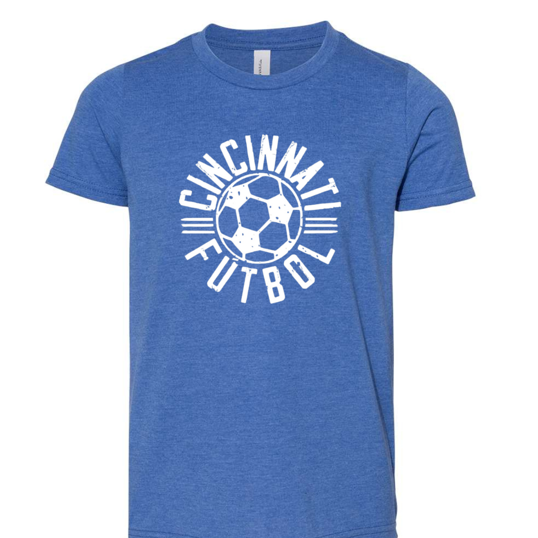 Cincinnati Futbol White T-Shirt on Heather True Royal--Lemons and Limes Boutique