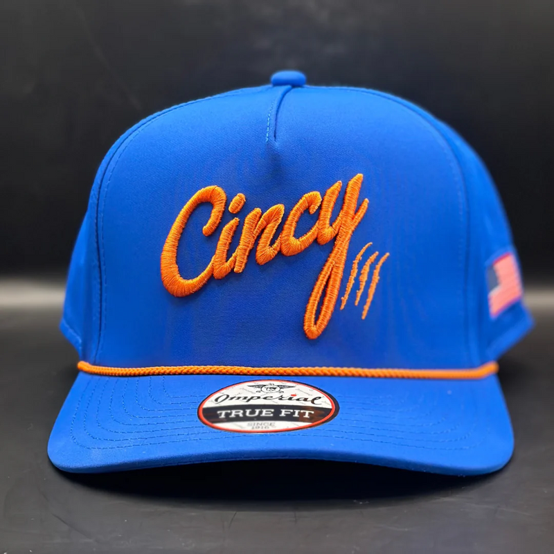 True Fit Rope Hat in Blue with Orange Logo/ Orange Rope by The Cincy Hat--Lemons and Limes Boutique