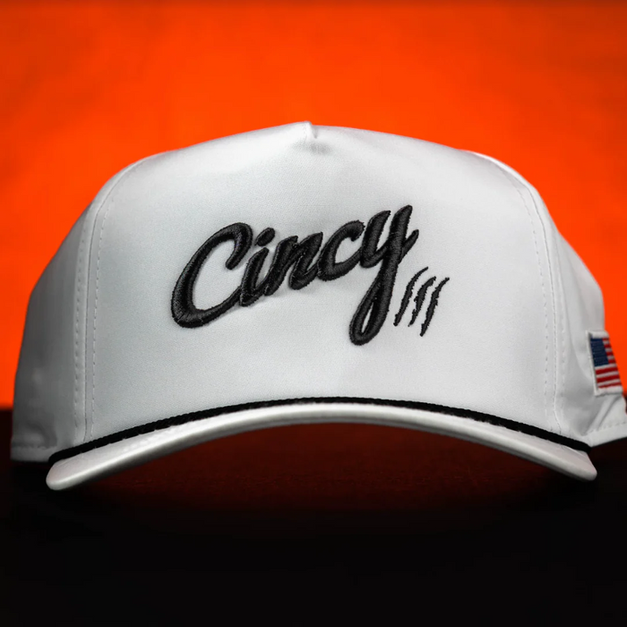 Rope Hat in White with Black Cincy Logo and Black Rope by The Cincy Hat--Lemons and Limes Boutique