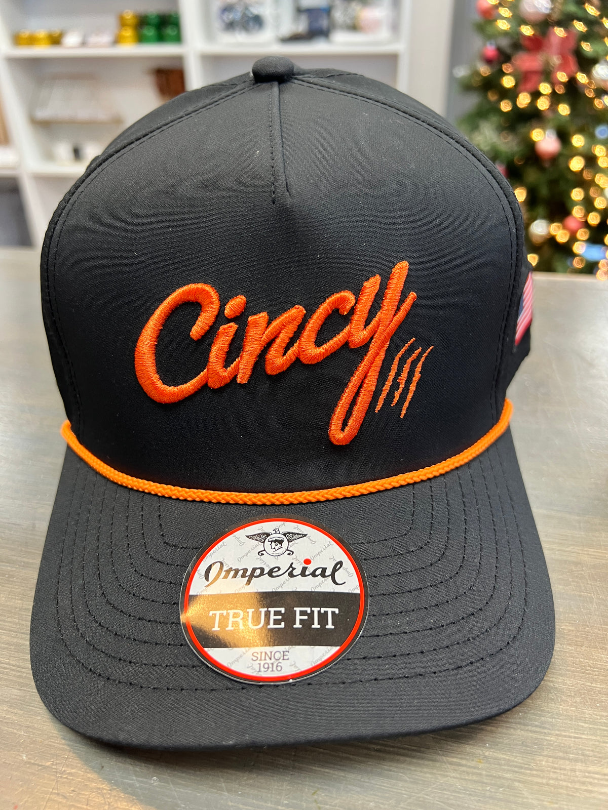 The Cincy Hat True Fit Black Hat with Orange Cincy and Orange Rope--Lemons and Limes Boutique