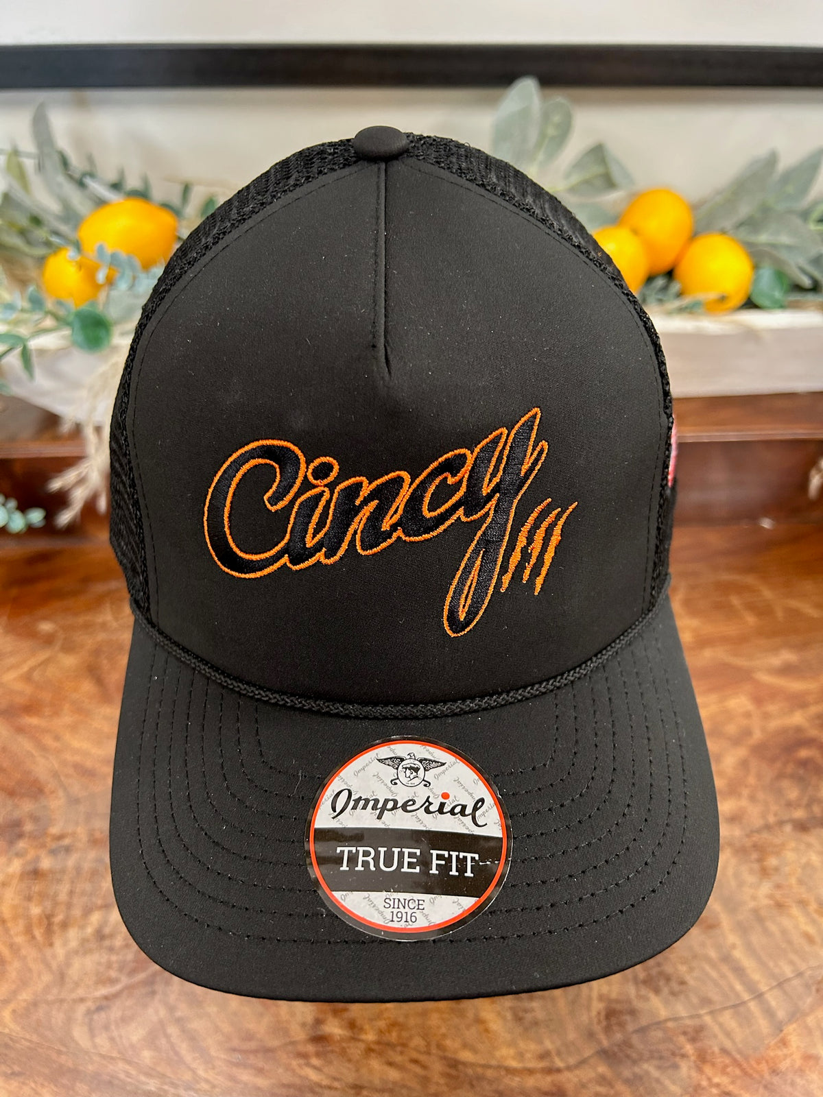 Eclipse Hat in Black & Orange Mesh with Black Rope by The Cincy Hat-Lemons and Limes Boutique