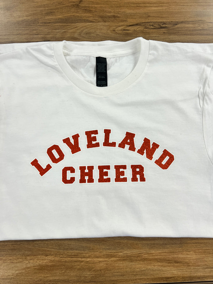 Loveland Cheer Glitter on White Tee--Lemons and Limes Boutique