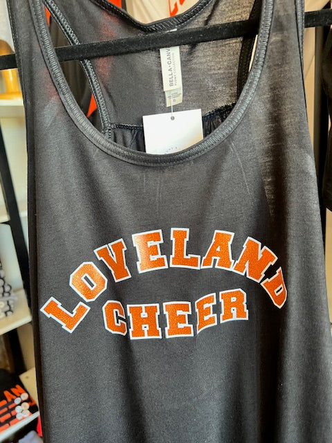 Loveland Cheer Glitter on Black Racerback Tank-Lemons and Limes Boutique