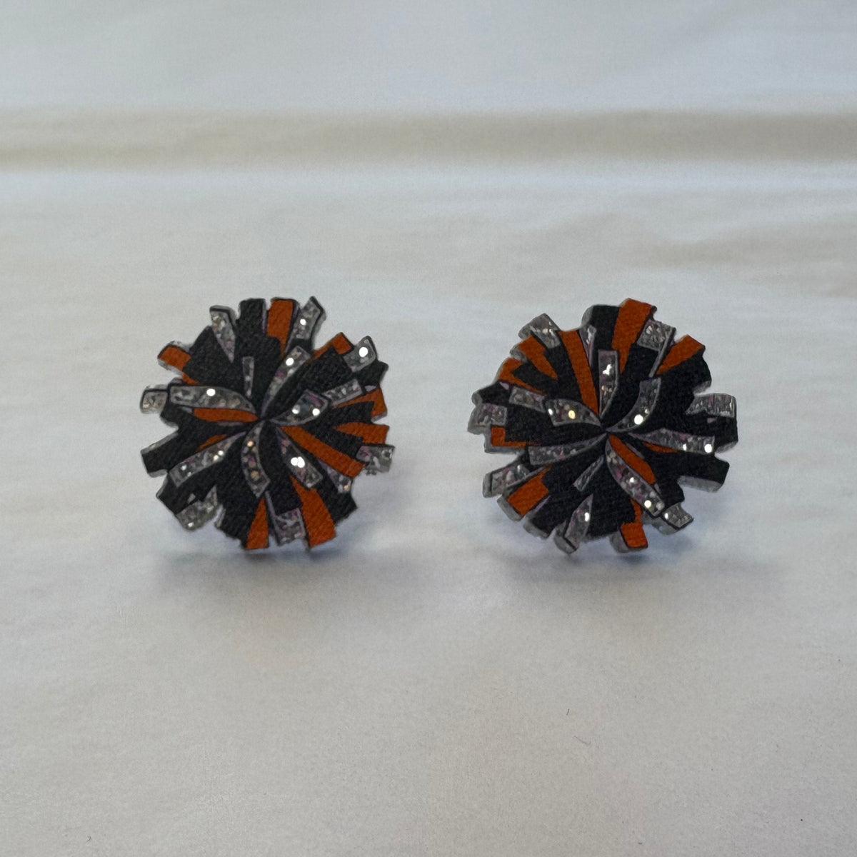 Cheer Pom Stud Earrings in Orange/Black/Silver Glitter-Lemons and Limes Boutique