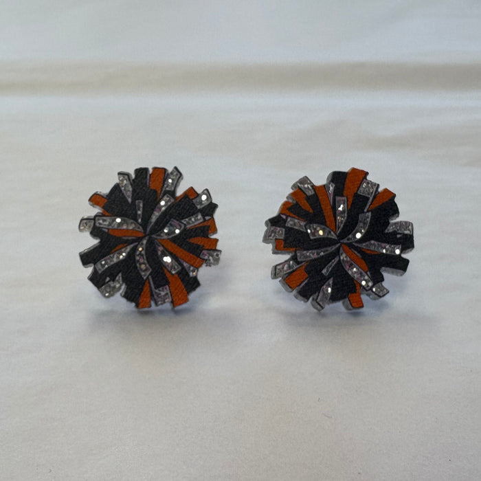 Cheer Pom Stud Earrings in Orange/Black/Silver Glitter-Lemons and Limes Boutique