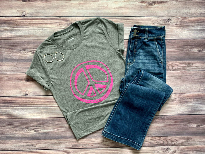 Pink Peace Sign T-Shirt on Gray-Graphic Tee-Lemons and Limes Boutique