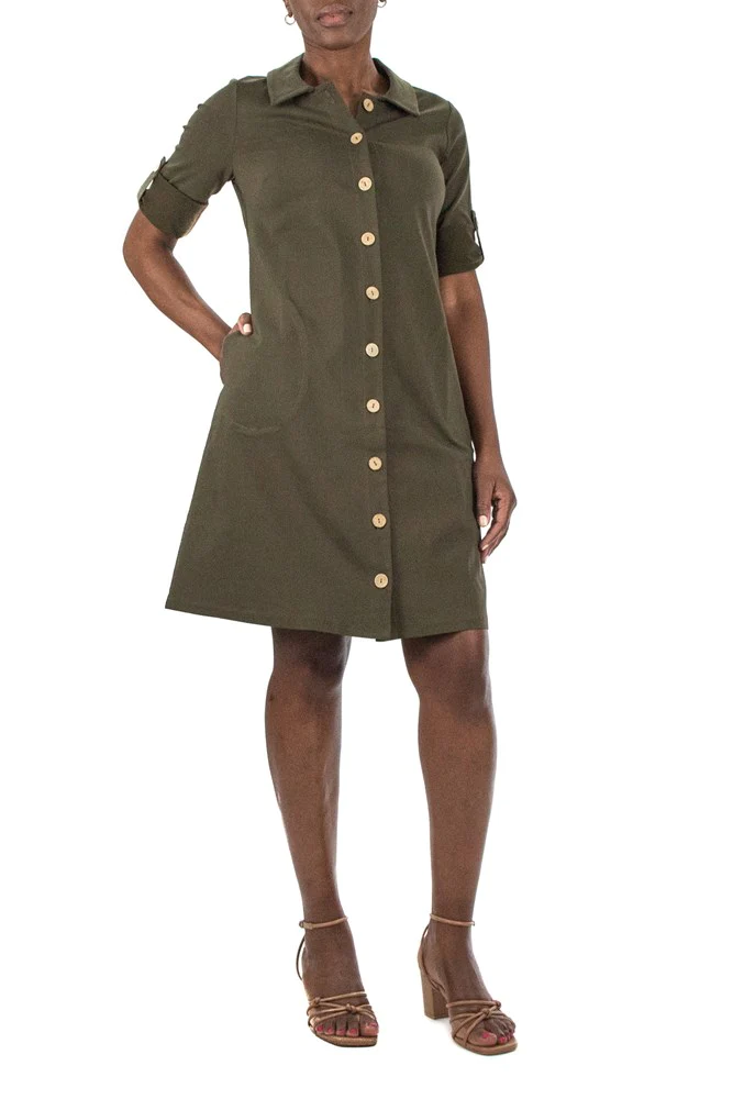 Millennium Button Front Roll Tab Shirt Dress in Olive--Lemons and Limes Boutique
