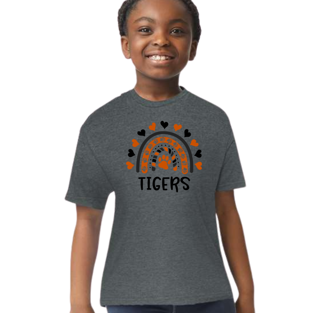 Rainbow Hearts Tiger Short Sleeve T-shirt on Deep Heather-YOUTH (retired design)-Lemons and Limes Boutique
