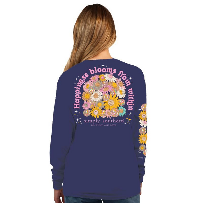 Long Sleeve Happiness Blooms Tee Shirt in Denim Heather by Simply Southern--Lemons and Limes Boutique