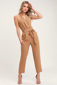 Halter Neck Belted Jumpsuit w/ Back Keyhole in Camel--Lemons and Limes Boutique