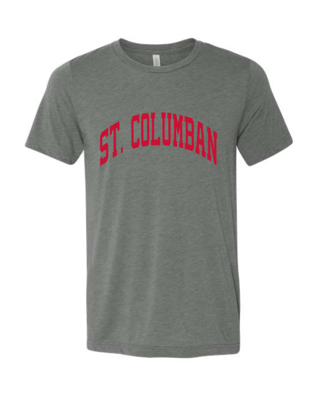 Curved Red St. Columban T-Shirt on Deep Heather