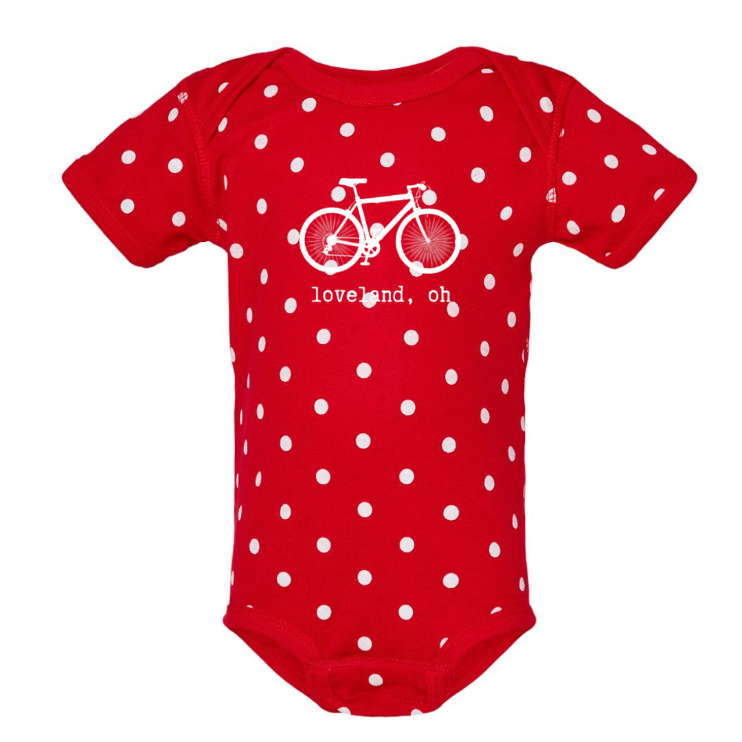 Loveland, Oh Bike Short Sleeve Body Suit on Red with White Dots--Lemons and Limes Boutique
