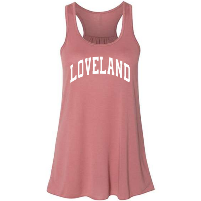 Curved Loveland in White Racerback Tank on Mauve--Lemons and Limes Boutique