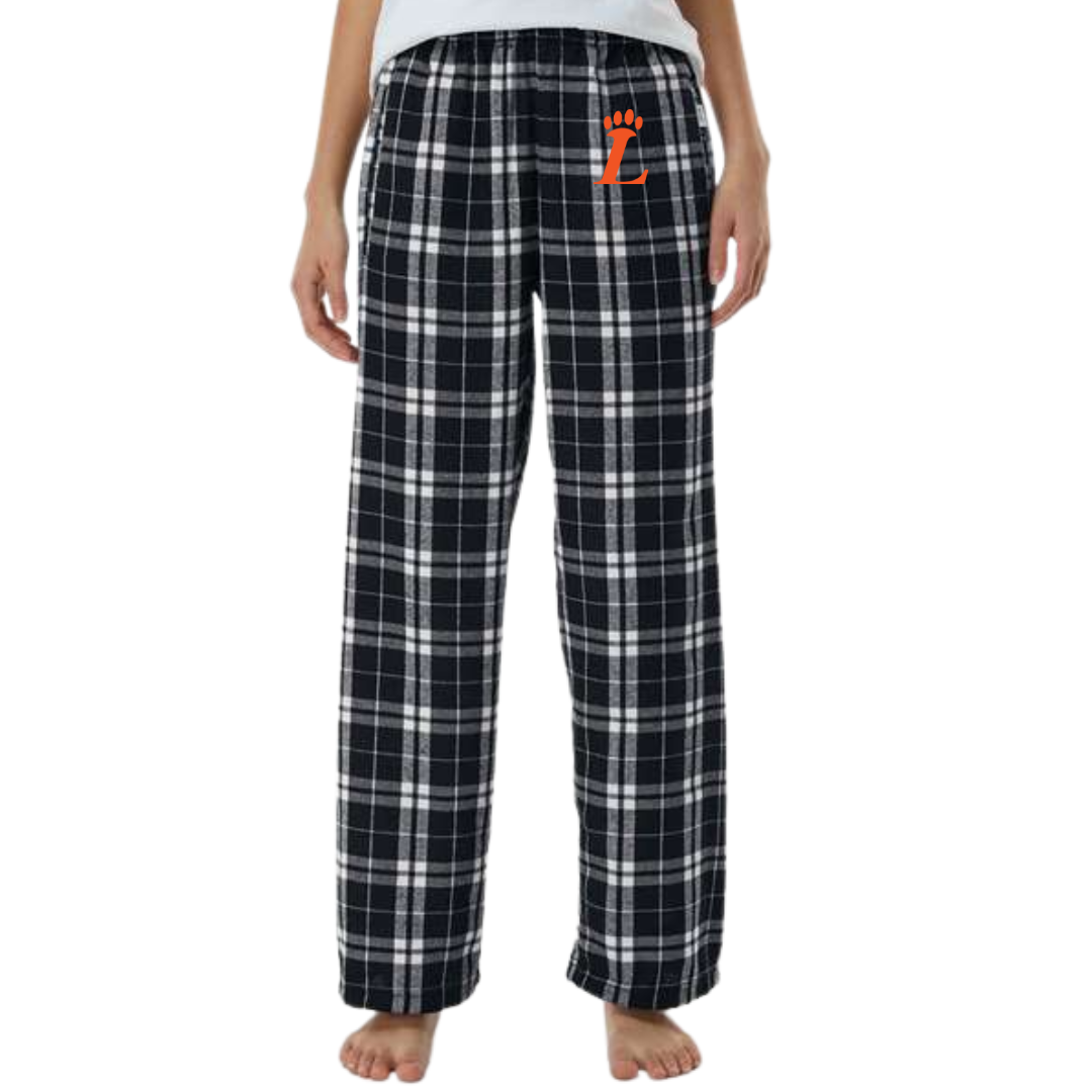 Ladies Loveland Paw on Black and White Plaid Flannel Pants-Lemons and Limes Boutique