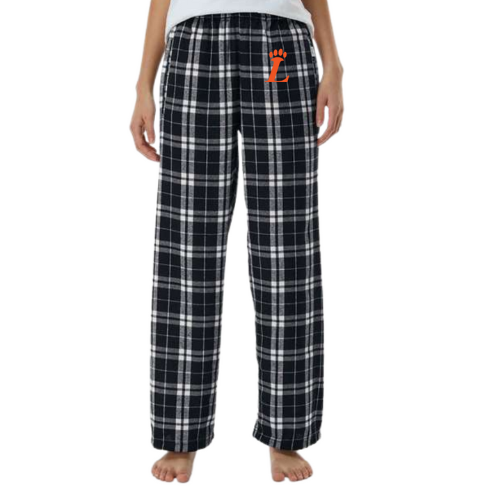 Ladies Loveland Paw on Black and White Plaid Flannel Pants-Lemons and Limes Boutique