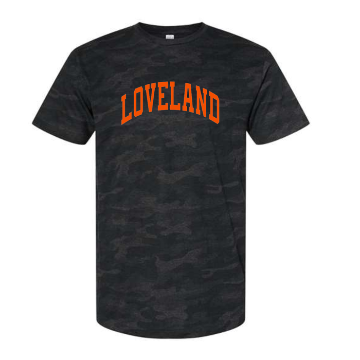 Loveland Orange Curved on Storm Camo Tee- Unisex