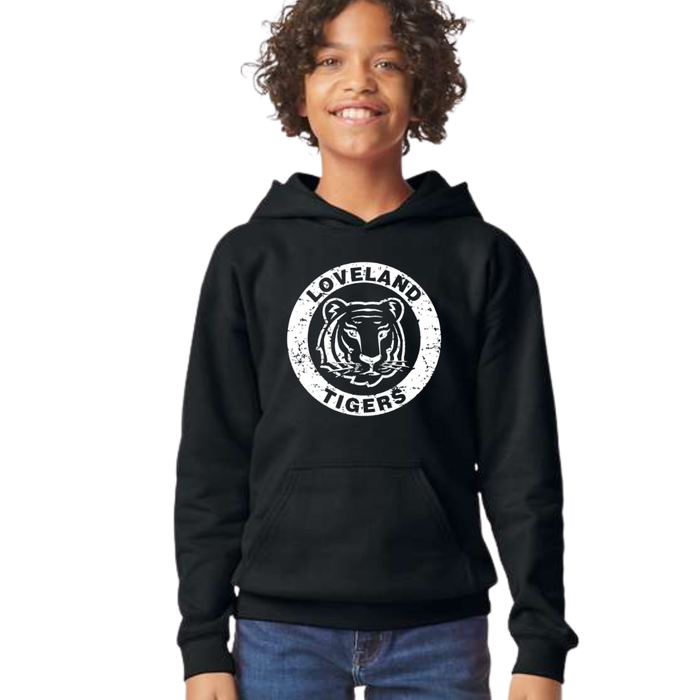Loveland Tigers Vintage Circle on Black Hoodie-Youth-Lemons and Limes Boutique