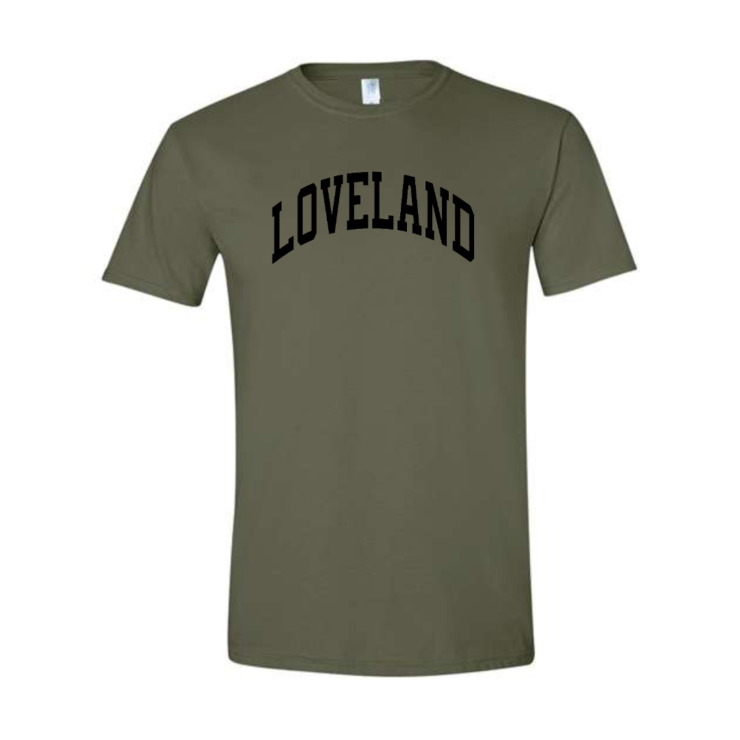 Loveland Curved Black T-Shirt on Military Green