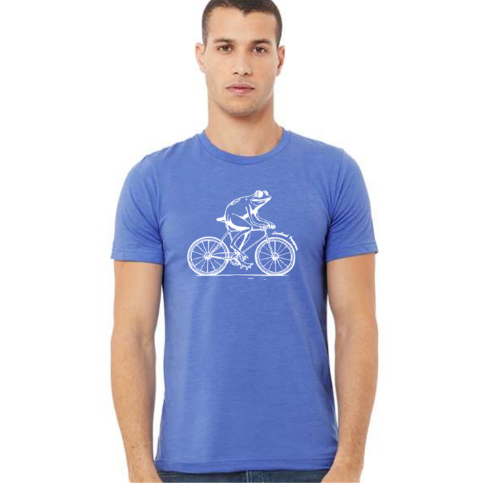 Loveland Frogman on Bike T-Shirt on Columbia Blue--Lemons and Limes Boutique