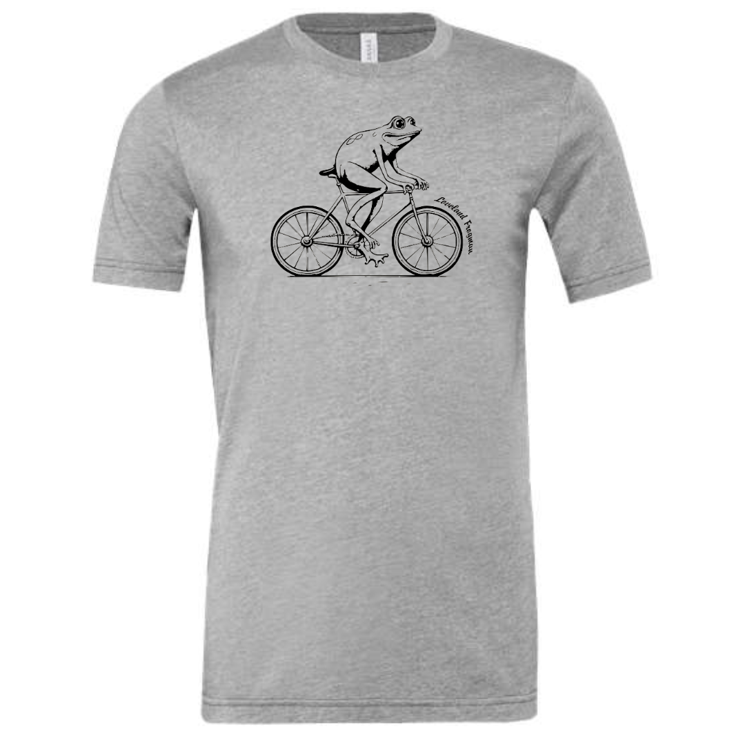 Loveland Frogman on Bike T-Shirt on Athletic Gray-Lemons and Limes Boutique