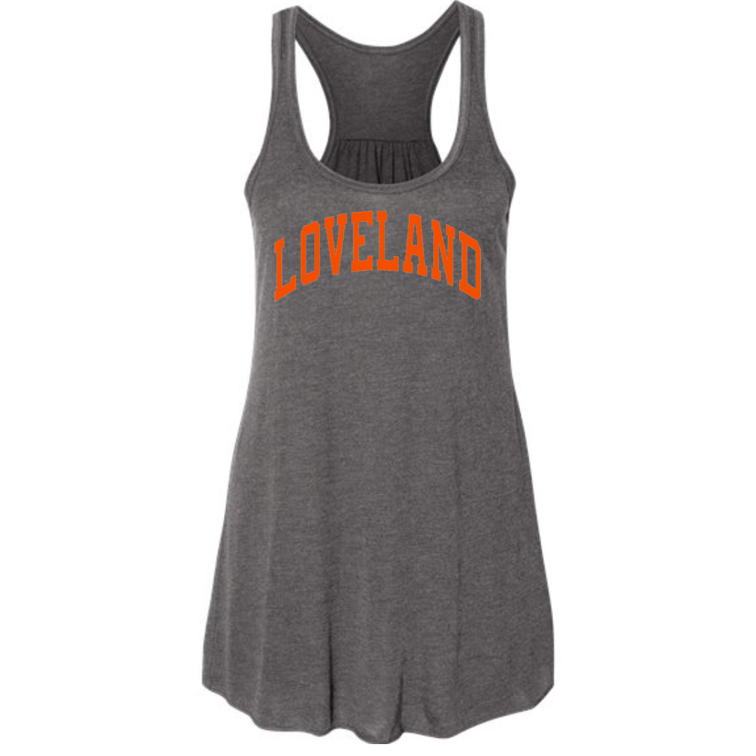 Curved Orange Loveland Racerback Tank- Deep Heather Grey--Lemons and Limes Boutique