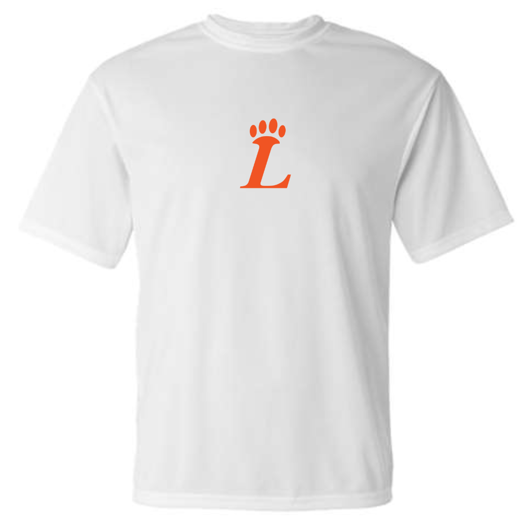 Loveland Paw in Orange on White Performance Short Sleeve Tee-Lemons and Limes Boutique