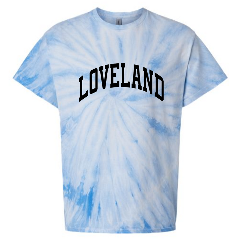 Curved Loveland Black T-Shirt on Blue Tie Dye--Lemons and Limes Boutique