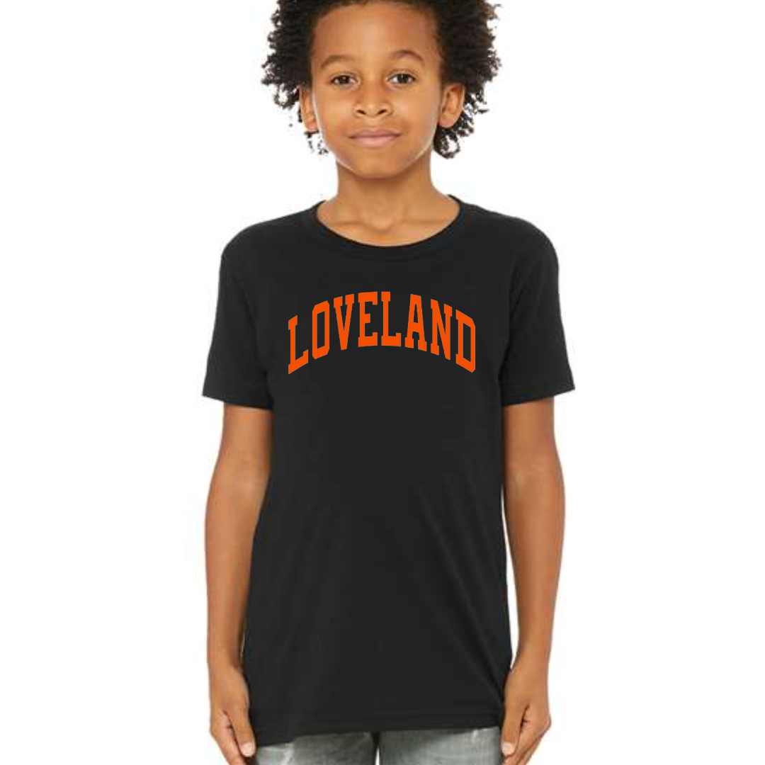 Curved Orange Loveland T-Shirt on Black in Youth-Graphic Tee-Lemons and Limes Boutique