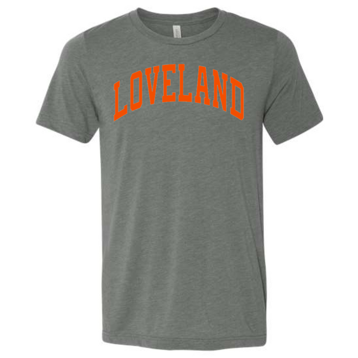 Curved Orange Loveland T-Shirt on Deep Heather Gray-Graphic Tee-Lemons and Limes Boutique