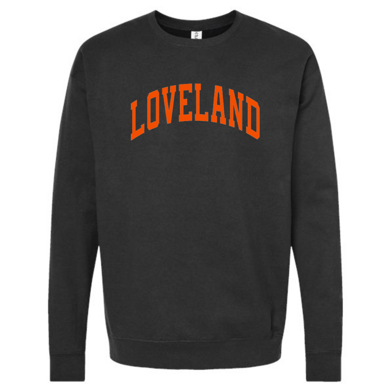 Loveland Curved Orange Sweatshirt on Black--Lemons and Limes Boutique