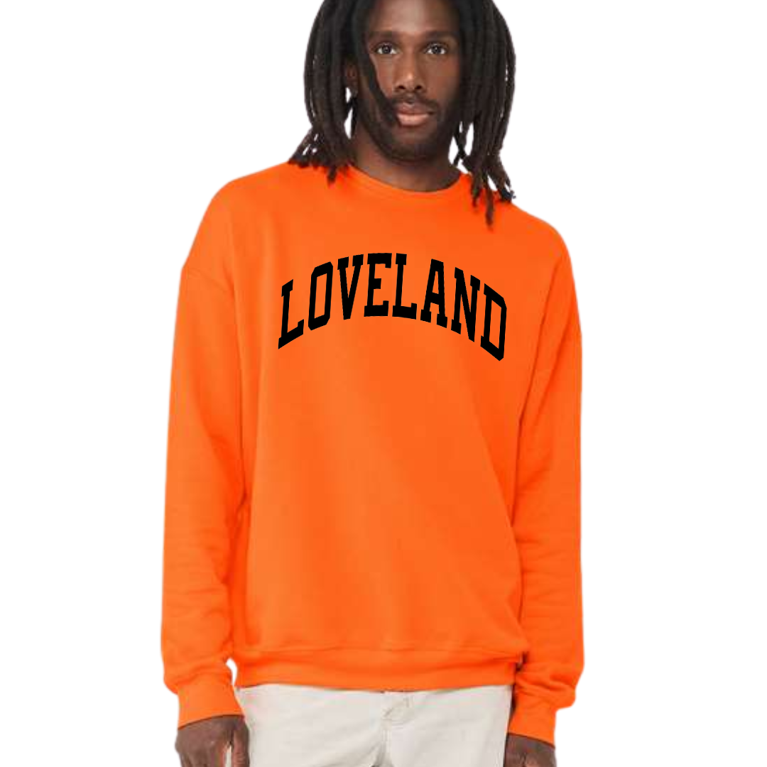 Loveland Curved Black on Orange Sponge Fleece Sweatshirt-Lemons and Limes Boutique
