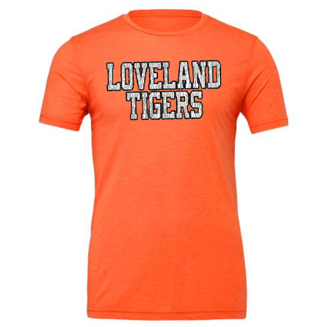 Loveland Tigers Distressed T-Shirt on Solid Orange-Lemons and Limes Boutique