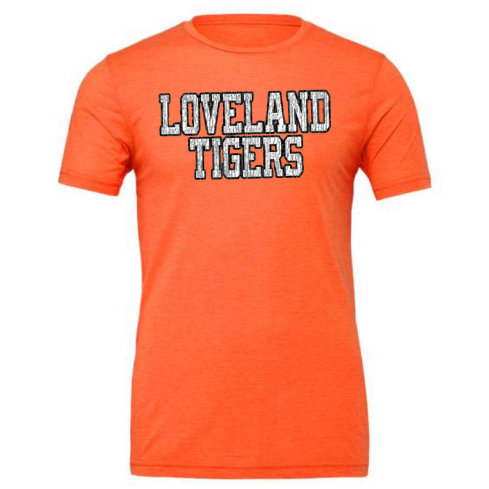 Loveland Tigers Distressed T-Shirt on Solid Orange-Lemons and Limes Boutique