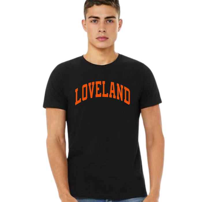 Curved Orange Loveland T-Shirt on Solid Black-Graphic Tee-Lemons and Limes Boutique